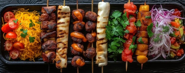 Assorted skewered meats and vegetables
