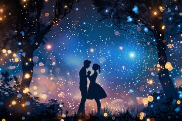 A couple romantically kisses under the stars in the night sky, A couple dancing under the stars in a fairy-lit garden