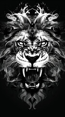 Obraz premium Sinister symmetrical lion graphic - Striking symmetrical graphic of a lion with a dark, sinister aesthetic in black and white theme