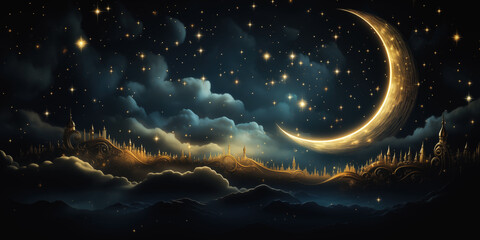 Enchanted crescent moon night sky