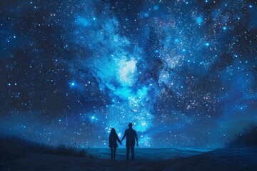 Fototapeta premium A couple clasping hands under a sky filled with stars, A couple holding hands under a starry sky