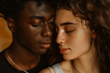 A man and a woman of different races and genders standing, looking directly at each other in an intense moment, A couple of different races and genders sharing a tender moment of connection