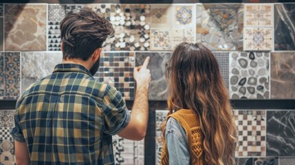 Couple choosing tiles in ceramic and furniture shop for their house