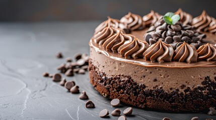   A tight shot of a cake, its surface adorned with chocolate frosting and generously studded with...
