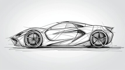 a  sport car captured in a vector black line illustration, isolated against a pure white background.