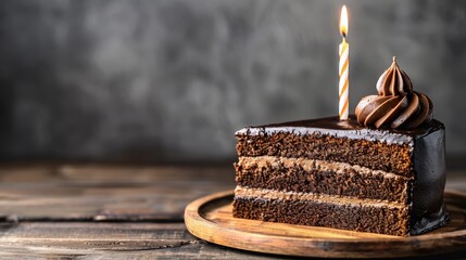   A single-serving chocolate cake with a lit candle on a wooden plate, atop a wooden table
