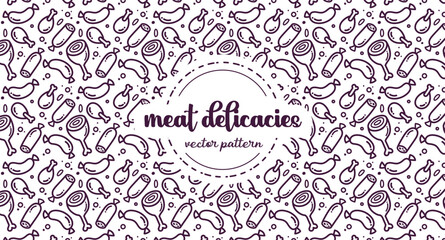 Vector pattern of meat delicacies. Icons in flat style, stylized sausages, sausages, sausages. Contour sausage icons in the background. Scalable background.