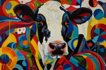 A painting featuring a cow with vibrant circles of various colors surrounding it, A cow surrounded by abstract shapes and colors, creating a sense of movement and energy