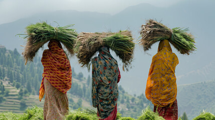 Women in a Pakistani village carry grass as part of their daily life