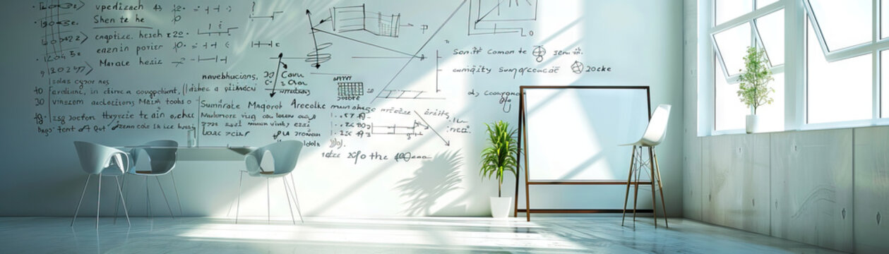 Mathematician's Office Wall: Displaying mathematical formulas, proof sketches, and a whiteboard with mathematical conjectures