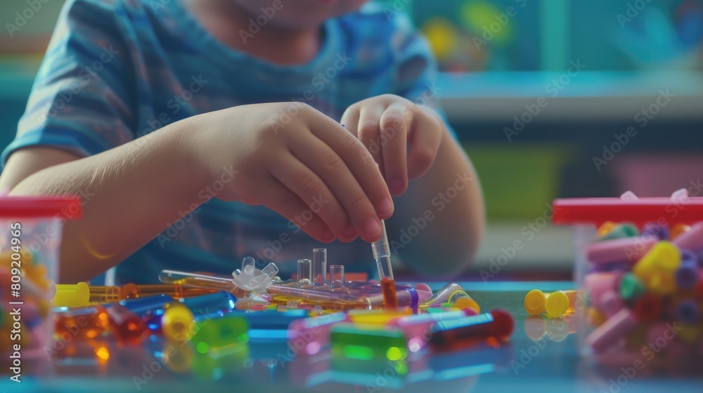 Poster close up of smart children hands learning about science by using toy in stem science lesson. skilled