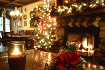 A candle with a flame burning, placed on top of a wooden table, A cozy atmosphere filled with holiday cheer