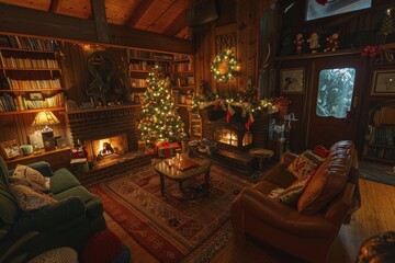 A living room filled with furniture and a fireplace, creating a cozy atmosphere perfect for holiday cheer, A cozy atmosphere filled with holiday cheer