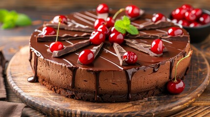   A chocolate cake topped with cherries on a wooden platter Frosted with chocolate, accompanied by...