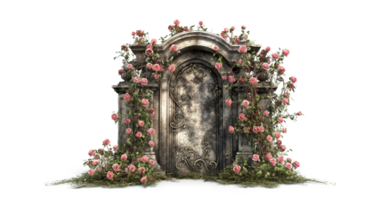Beautiful Gravestone with Pink Roses and Ornate Wood door isolated on a transparent background