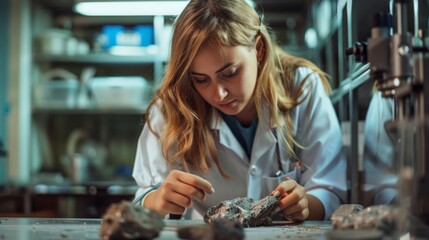 A woman astronomer examining a meteorite in a laboratory. 