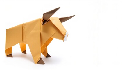 Animal concept origami isolated on white background of a longhorn or long horned bull cow bovine - Bos taurus - with copy space side, simple starter craft for kids
