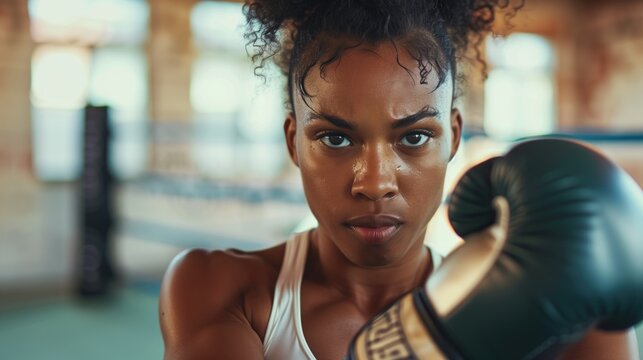 Black woman  practicing boxing sport, person is focused and enjoying the sport, sports photography, generative ai