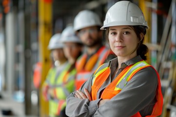 Fototapeta premium Confident Young Female Construction Worker Leading Team on Site