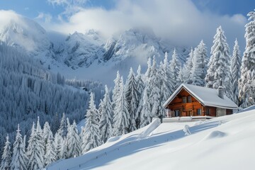 A cabin nestled in a snowy mountain setting, A cozy cabin in the mountains surrounded by snow-covered trees