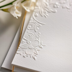 Close-up of embossed floral design on wedding invitation with gold trim. Concept of elegant stationery, detailed craftsmanship