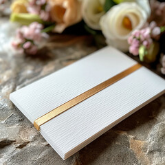 Wedding invitation mockup with golden ribbon on textured stone