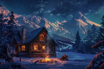A painting capturing a cabin in the mountains at night with a campfire burning brightly in the foreground, A cozy cabin in the mountains where a family is roasting marshmallows over a campfire
