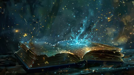 Illustration of a magical book that contains fantastic stories