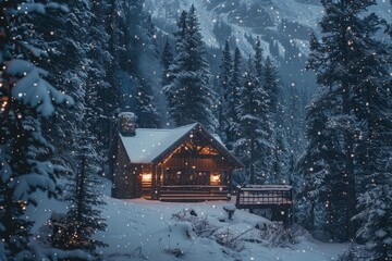 A cabin surrounded by snow-covered trees in a winter forest, A cozy cabin nestled in a clearing in the woods