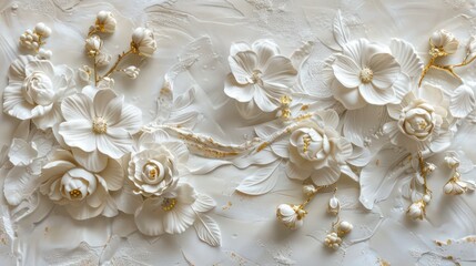 Light decorative texture of a plaster wall with voluminous decorative flowers and golden elements