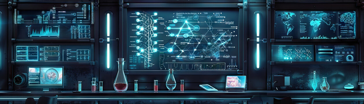Biotech Researcher's Wall: Featuring genetic diagrams, lab equipment schematics, and a board with experiment protocols