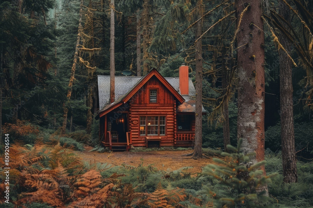 Wall mural a cabin nestled in a wooded area surrounded by towering trees, a cozy cabin nestled in a clearing in