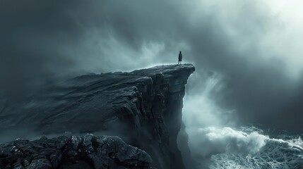 Lone figure standing on the edge of the abyss. Facing the storm head-on. Abstract concept art. Dramatic adventure landscape