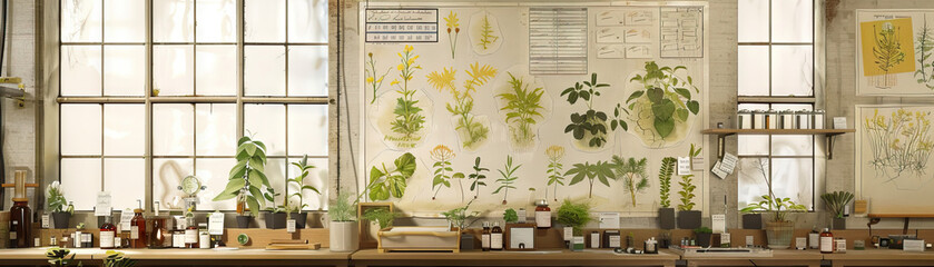 Botanist's Lab Wall: Covered in plant specimens, botanical illustrations, and a whiteboard with plant research notes.