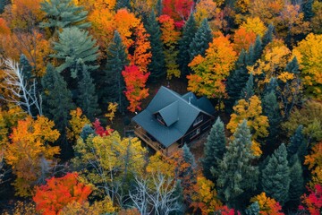 A cabin nestled among trees in a forest setting seen from above, A cozy cabin nestled in a forest surrounded by colorful foliage