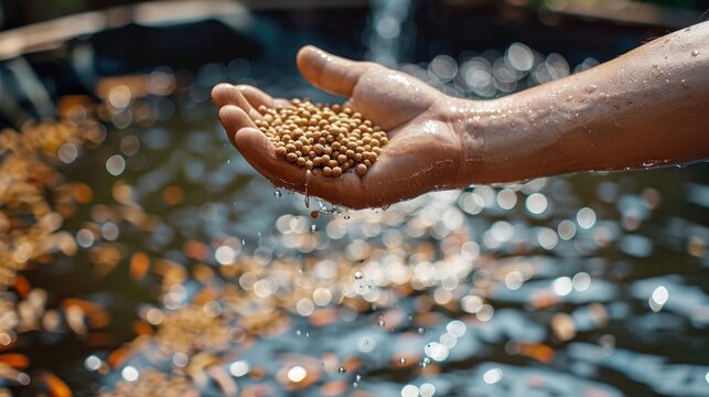 Feed the fish, close up brown pellets feeds for fish in hand, feed fish from feeding food on water surface ponds on water surface ponds, fish farm