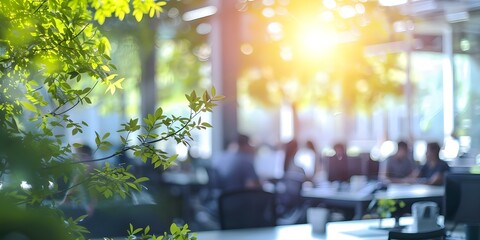 People in a modern office with green trees and sunlight in the background. Concept Modern Office, Green Trees, Sunlight, Office Environment, Business Lifestyle