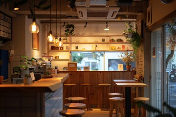 A cozy coffee shop with outdoor seating, surrounded by potted plants and a welcoming entrance, A cozy coffee shop with a welcoming atmosphere