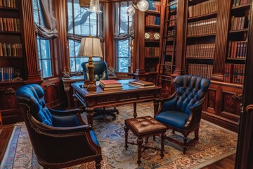 A room filled with books and a chair, creating a cozy reading corner in an office setting, A cozy corner with a fireplace and plush armchairs