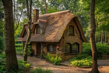 A small house with a thatched roof sits nestled in the woods, A cozy cottage nestled in the woods with a thatched roof
