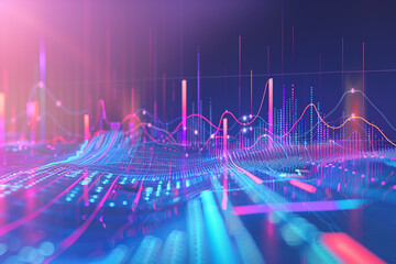 A digital visualization of financial trends and business statistics, artfully presented with colorful diagrams and trendlines on a soothing blue and purple gradient background, symbolizing