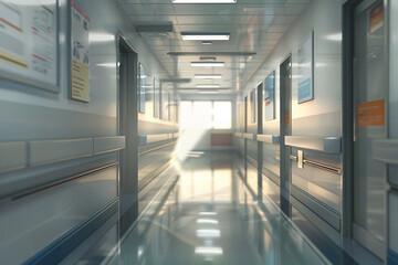 Fototapeta premium A digitally designed hospital hallway that embodies modernity and healing, with a blurred background for a tranquil effect The minimal text and crisp graphics provide clear navigation