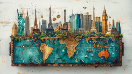 Vintage suitcase with world landmarks and painted map