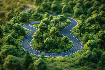 Curvy road in lush green forest setting