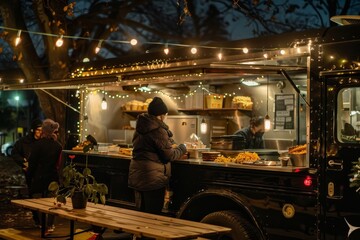 Food Truck Operations in Nighttime Parking Lot, A cozy food truck with a cozy atmosphere, serving up comforting dishes like mac and cheese and grilled cheese sandwiches