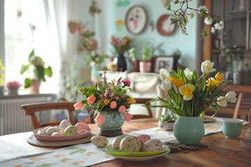 A wooden table covered in a variety of colorful flowers and Easter eggs, A cozy home decorated with Easter-themed crafts