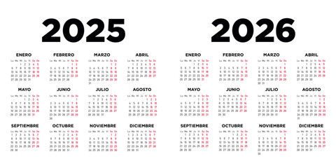Calendario 2025 2026 en español. Semana comienza el lunes. Sábados y domingos en rojo. Ilustración	
 - obrazy, fototapety, plakaty