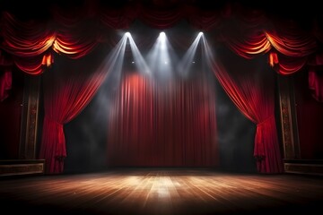Magic theater stage red curtains Show Spotlight, generative ai
