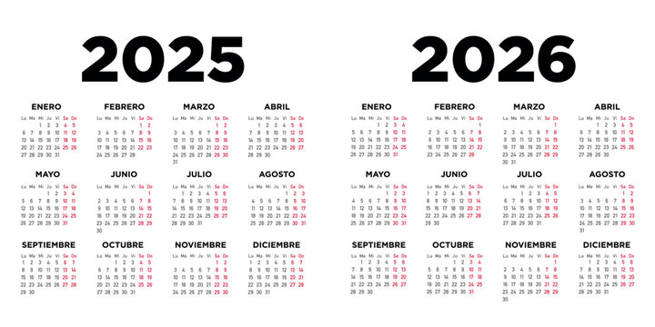 Calendario 2025 2026 en español. Semana comienza el lunes. Sábados y domingos en rojo. Ilustración	
