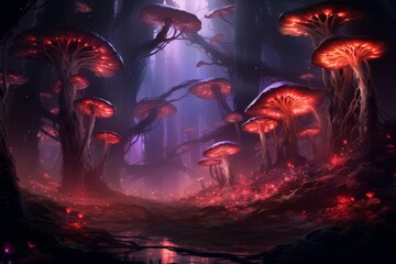 Mystical Shroom Illumination Amidst The Shadowy Forest At Twilight. Generative AI